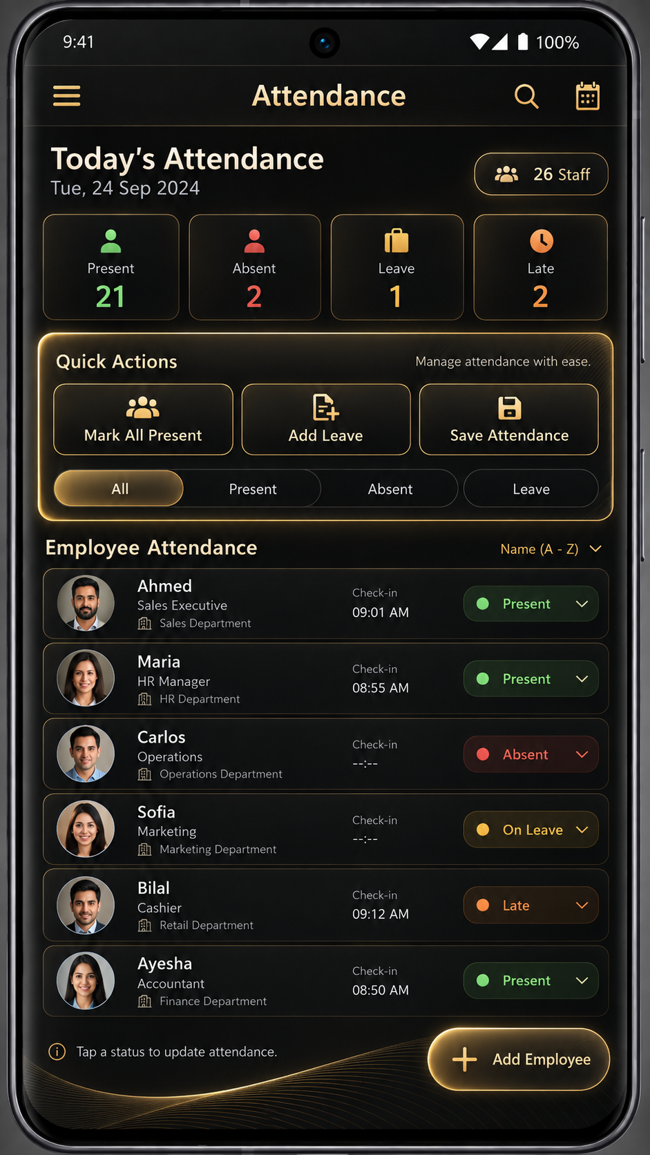 Daily attendance screen
